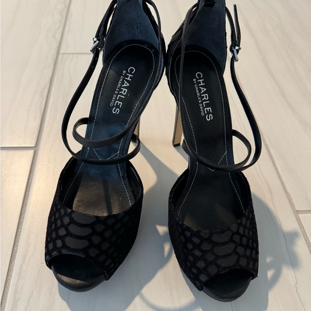 Charles by Charles David Black Suede Peep-Toe Ankle Strap Heels